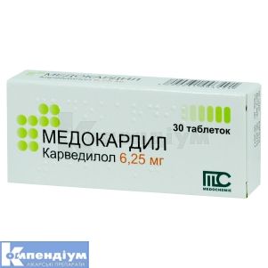 Медокардил таблетки, 6,25 мг, блістер, у картонній коробці, у карт. коробці, № 30; Medochemie Ltd., Cyprus, Europe
