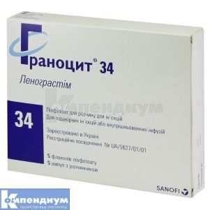Граноцит® 34 лиофилизат для раствора для инъекций, 33,6 млн ме, флакон, с растворителем в ампулах по 1 мл, с раств. в амп. 1 мл, № 5; Санофи-Авентис Украина