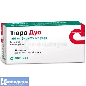 Тиара Дуо таблетки, покрытые пленочной оболочкой, 160 мг + 25 мг, контурная ячейковая упаковка, № 28; Дарница