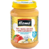 ПЮРЕ НА ФРУКТОВО-МОЛОЧНОЙ ОСНОВЕ ДЛЯ ДЕТСКОГО ПИТАНИЯ (КОНСЕРВЫ) тм "HAME" яблоко и персик 190 г с творогом  №1