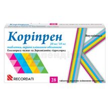 Коріпрен 20 мг/10 мг таблетки, вкриті плівковою оболонкою, 20 мг + 10 мг, блістер, № 28; Recordati Ireland Ltd