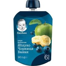 ПЮРЕ GERBER "ЯБЛУКО, ЧОРНИЦЯ, БАНАН" пауч упаковка, 90 г, № 1; Нестле Україна