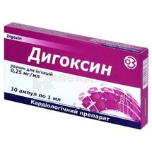 Дигоксин розчин  для ін'єкцій, 0,25 мг/мл, ампула, 1 мл, в пачці, в пачці, № 10; Здоров'я ФК