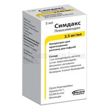 Симдакс концентрат для приготування інфузійного розчину, 2,5 мг/мл, флакон, 5 мл, № 1; Оріон Корпорейшн