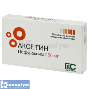 Аксетин таблетки, вкриті плівковою оболонкою, 250 мг, стрип, № 10; Medochemie Ltd., Cyprus, Europe