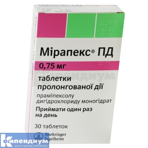Мирапекс® ПД таблетки пролонгированного действия, 0,75 мг, блистер, № 30; Boehringer Ingelheim 