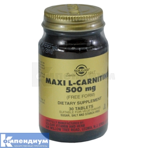 L-КАРНИТИН 500 мг таблетки, 500 мг, № 30; Solgar Vitamin and Herb